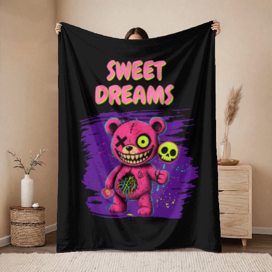 Sweet Dreams Psycho Teddy – Neon Horror Cute Bear Throw Blankets