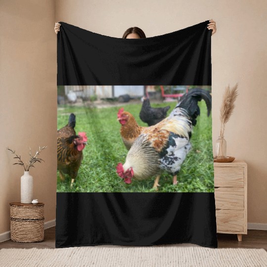 Farmyard Rooster and Chickens Illustration Throw Blankets