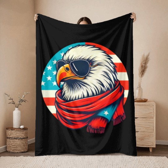 Patriotic Eagle with Sunglasses and Scarf Throw Blankets