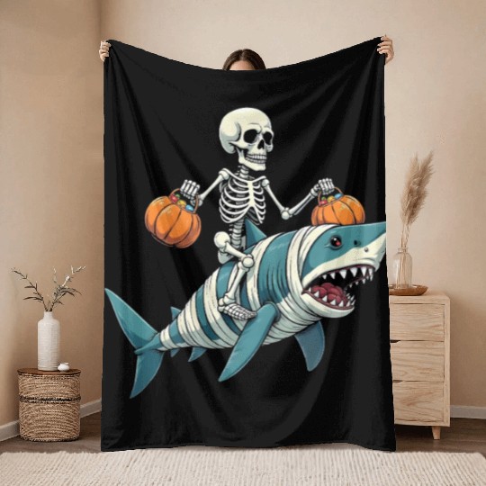 Skeleton Riding Shark Mummy Funny Halloween Throw Blankets