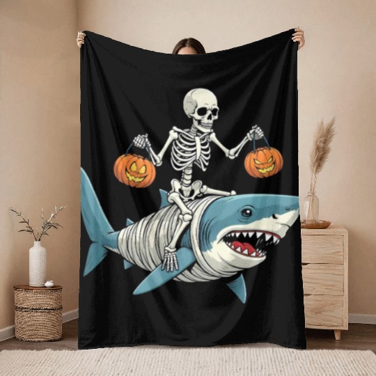 Skeleton Riding Mummy Dinosaur Funny Halloween Throw Blankets