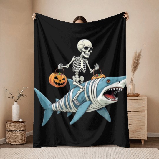 Skeleton Riding Shark Mummy Funny Halloween Throw Blankets