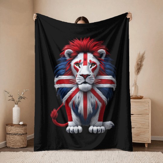 British Lion with Union Jack Flag Graphic Design Throw Blankets