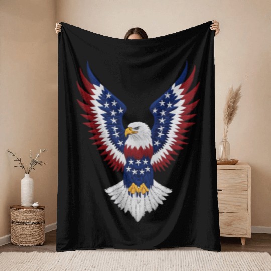 American Bald Eagle with USA Flag Wing Art Design Throw Blankets