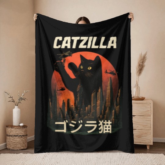 Vintage Catzilla: Funny Cat Monster Throw Blankets