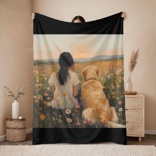 Serene Sunset with Girl and Dog Artwork Throw Blankets