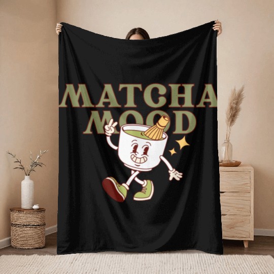 Matcha Mood Tea Cartoon Design  Throw Blankets