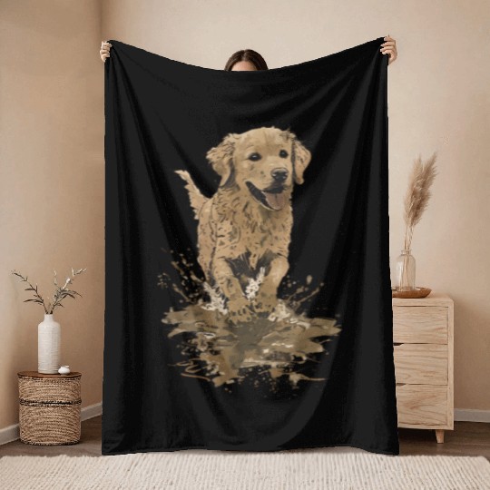 Joyful Golden Retriever Splash Design Throw Blankets