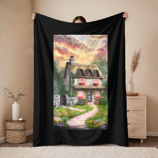 Fairy Tale Cottage in Sunrise Light Throw Blankets