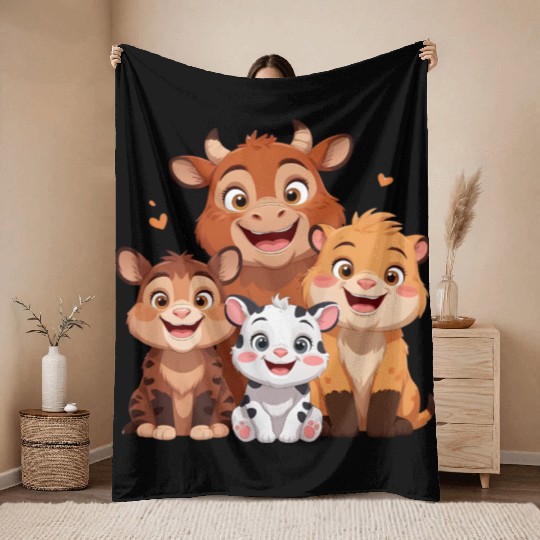 "Cute Farm Animal Friends – Cartoon Cow, Tiger, Li Throw Blankets