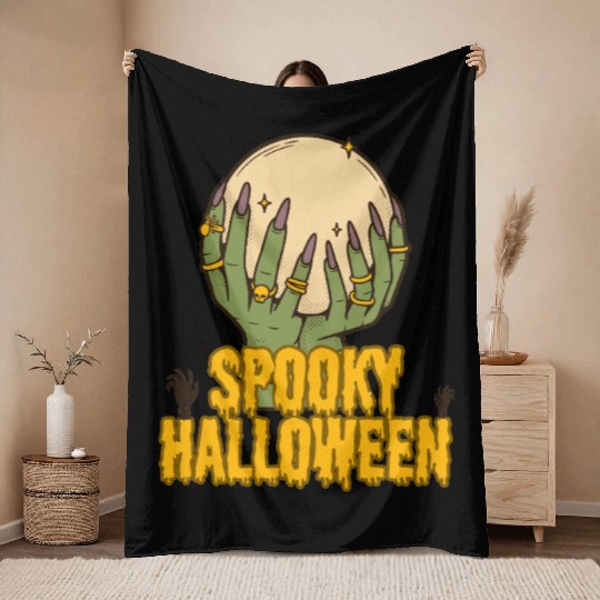 Spooky Halloween Hands Holding Moon Throw Blankets