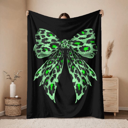 Coquette Bow Cheetah Animal Pattern Lime Green Throw Blankets