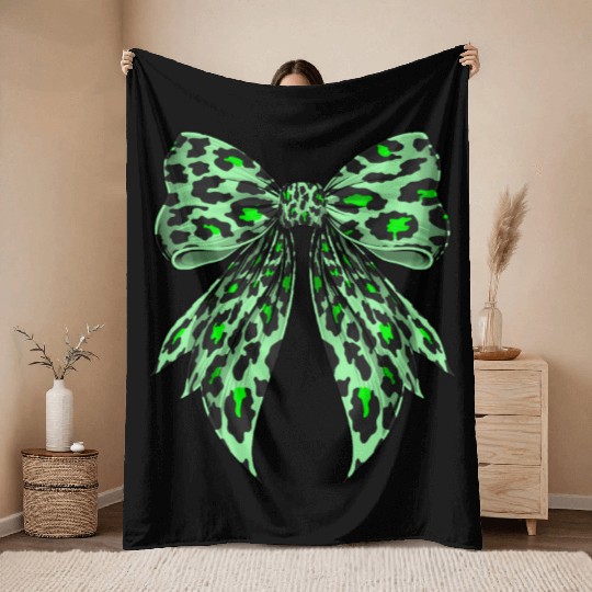 Coquette Bow Cheetah Animal Pattern Lime Green Throw Blankets