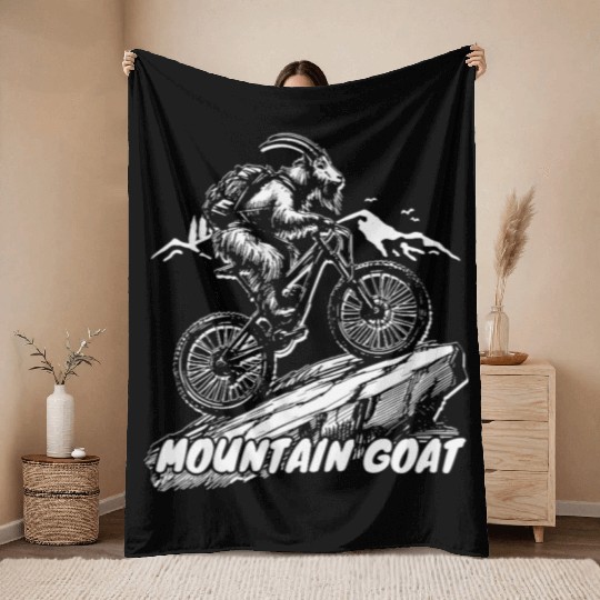 Mountain Goat on Bike Throw Blankets