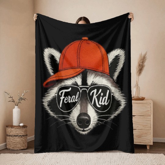 Feral Kid Raccoon Graphic Throw Blankets