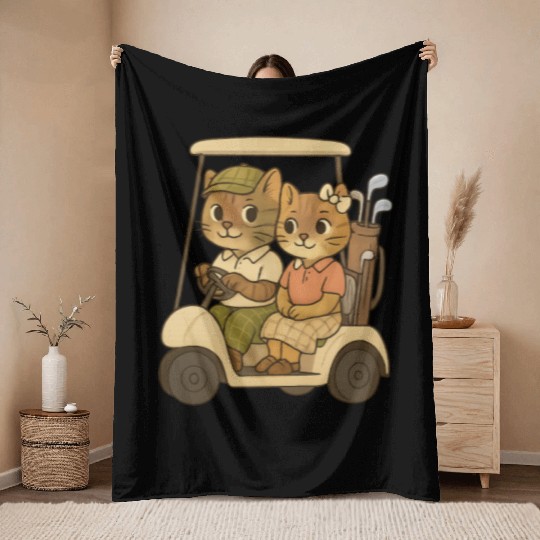 Cat Husband and Wife in Golf Cart Throw Blankets