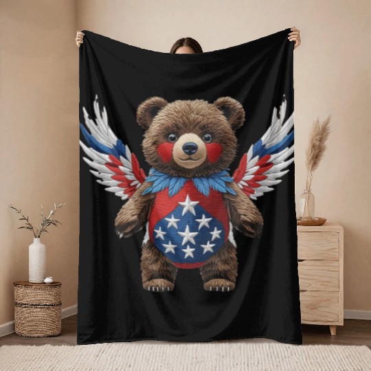 American Bear With Wings USA Flag Stars Patriotic Throw Blankets