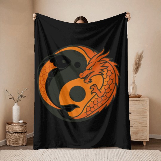 Yin Yang Dragon and Fish Motif Throw Blankets
