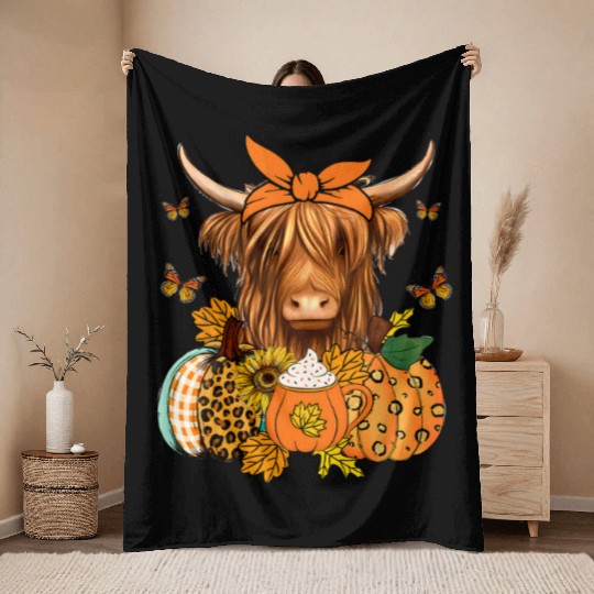 Autumn Highland Cattle with Fall Decor Throw Blankets