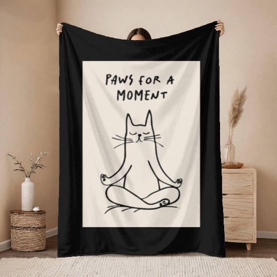 Yoga Cat Meditation Illustration Paws for a Moment Throw Blankets