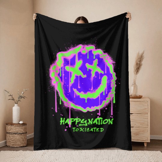 Neon Graffiti Smile Face Design Throw Blankets