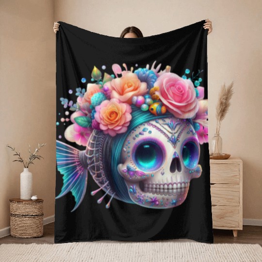 Colorful Sugar Skull with Floral Crown Throw Blankets