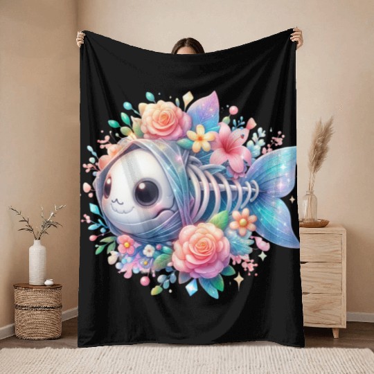Whimsical Fish Skeleton with Floral Accents Throw Blankets