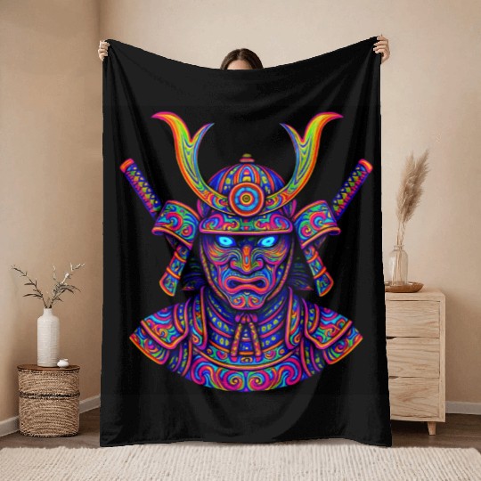 Neon Samurai Warrior Psychedelic Throw Blankets