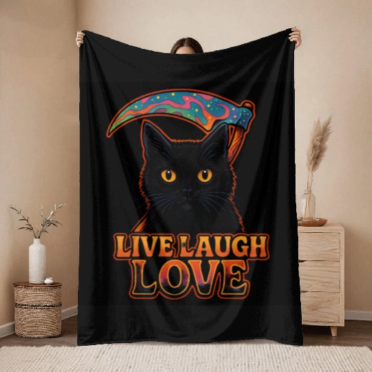 Black Cat Psychedelic Live Laugh Love Throw Blankets
