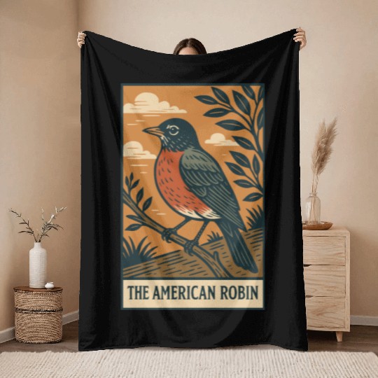 American Robin Nature Illustration Throw Blankets