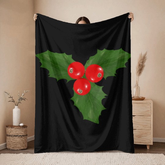 Christmas Holly Leaf and Berry Design Throw Blankets