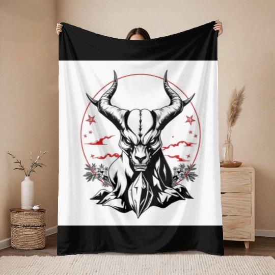 Mythic Horned Skull Illustration Throw Blankets