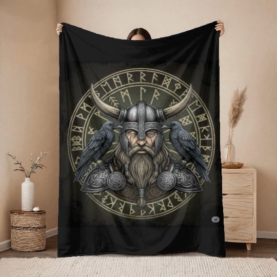 Viking Warrior with Ravens Embossed Helm Throw Blankets