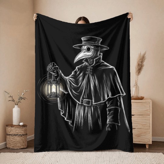 Dark Medieval Plague Doctor Illustration Throw Blankets