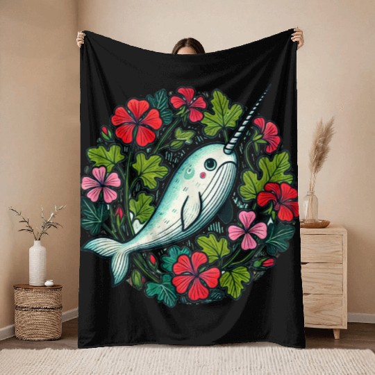 Whimsical Narwhal Amid Floral Bloom Throw Blankets