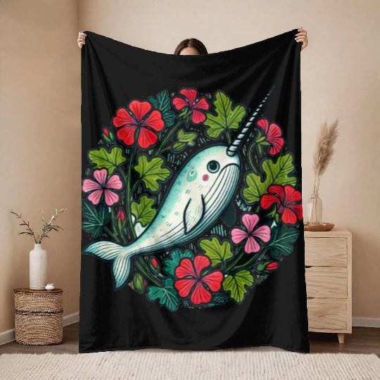 Whimsical Narwhal Amid Floral Bloom Throw Blankets