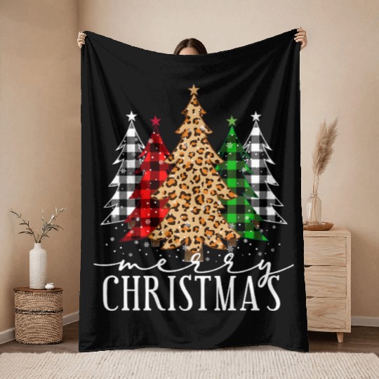 Leopard and Plaid Christmas Tree Design Throw Blankets