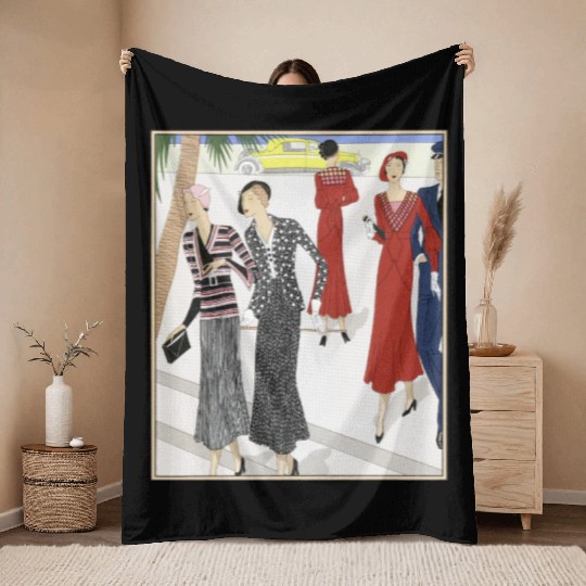 Elegant Vintage Street Fashion Illustration Throw Blankets