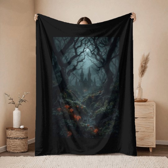 Enchanted Forest with Haunted Castle Throw Blankets