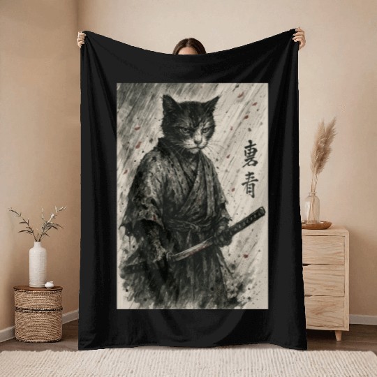 Samurai Cat Warrior Vintage Japanese Art Design Throw Blankets