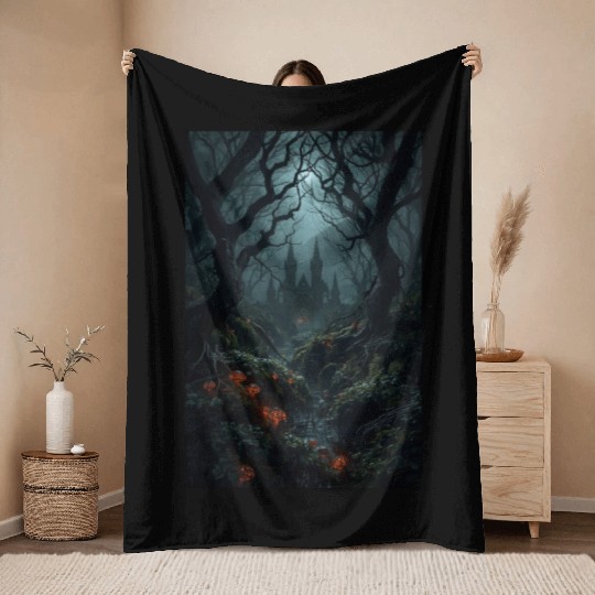 Enchanted Forest Castle Scene Throw Blankets