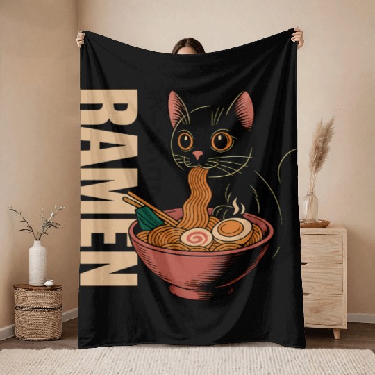 Black Cat Ramen Illustration Throw Blankets