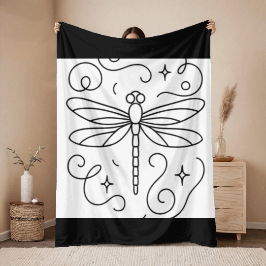 “Minimal line art dragonfly, soft curves, modern  Throw Blankets