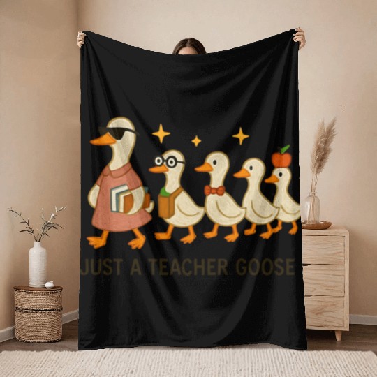 Whimsical Teacher Goose with Ducklings Throw Blankets