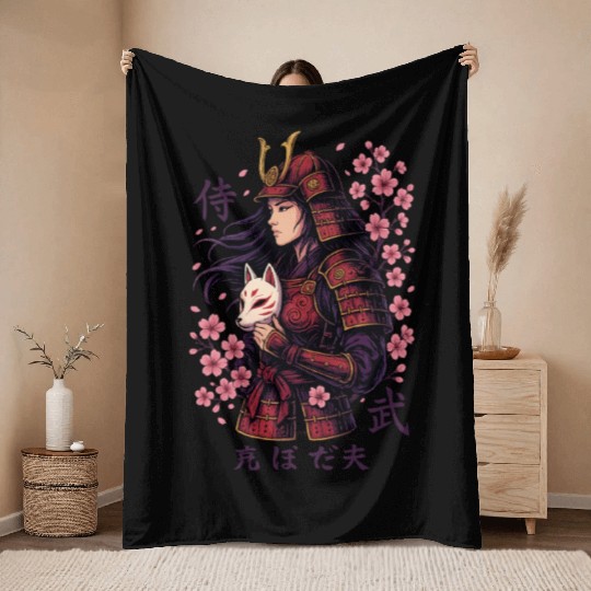 Anime Samurai Woman with Fox Mask Throw Blankets