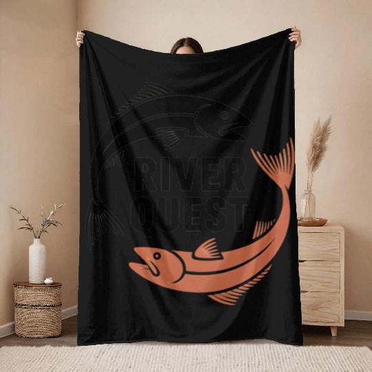 River Quest Fish Illustration Throw Blankets