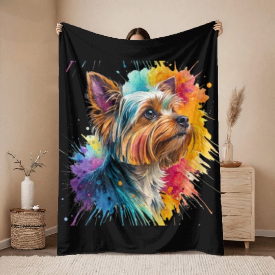 Vibrant Yorkie Watercolor Portrait Throw Blankets
