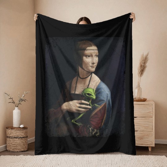 Classical Woman with Alien Companion Print Throw Blankets