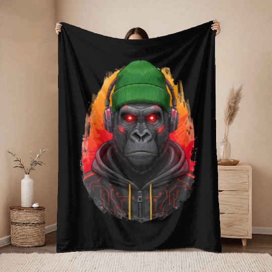 Cyberpunk Gorilla Digital Art Throw Blankets