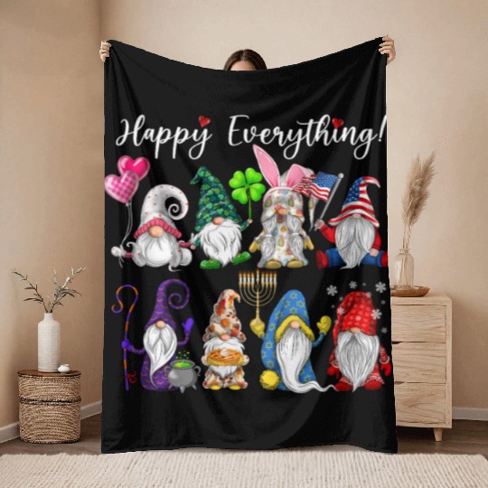 Happy Everything Gnomes Every Seasons All Year Throw Blankets